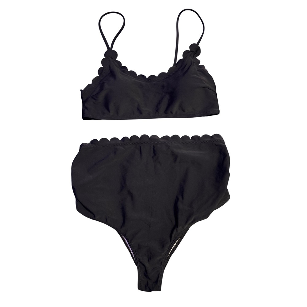 Black Scallop Trim High Waist Bikini Two Piece Swimsuit Women's Size M
